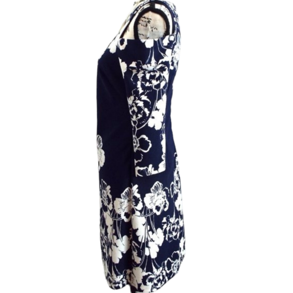 Eliza J Navy Blue and White Cold Shoulder Floral Pansy Print Dress Size 6 - Picture 7 of 12